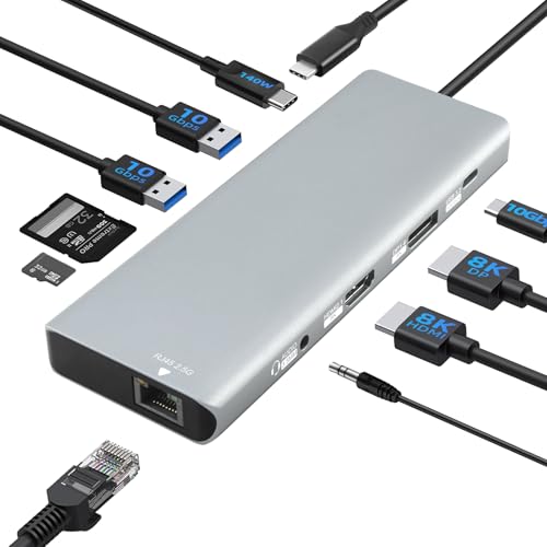 10-in-1 USB C Docking Station, 140W PD3.1, 8K HDMI 2.1, DP1.4, 2.5G Ethernet, USB 3.2 10Gbps, SD/TF, Audio Jack, Dual 4K@60Hz Display Hub for MacBook, Windows, Steam Deck, Switch (UC-U4)