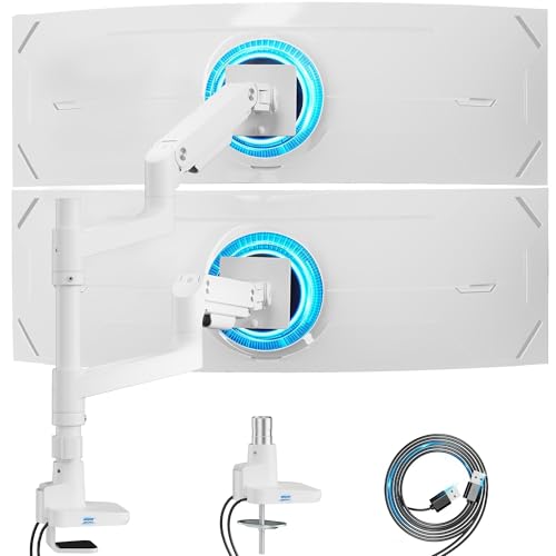 ARES WING White Ultrawide Dual Monitor Mount with USB A/C for 17 to 49 Inch | Pro Gas Spring, Aluminum Material, Flexible Screen Layouts, for 75/100 Vesa Mount, Hold 44lbs Each Arm, for Samsung Monitor - color: White with USB, size: with 18'' Pole