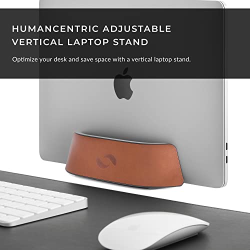 HumanCentric Vertical Laptop Stand in Vegan Cognac Leather, Adjustable | Upright Adjustable Holder and Dock, Fits MacBook Pro and Other Laptops .5" to 1.5", Clamshell Compatible - color: Cognac Leather