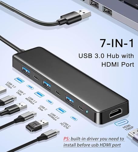 USB 3.0 to HDMI Adapter (7-in-1), USB 3.0 Hub with HDMI 1080P, USB Extender Docking Station for Monitor, PC, Laptop, Desktop Support Windows 7/8/10 & Mac OS
