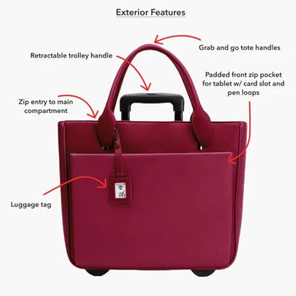 FRANCINE Roller Laptop Tote Bag 17 Inch – Rolling Laptop Tote for Women, Laptop Roller Bag with Trolley Handle (Burgundy) - color: Burgundy