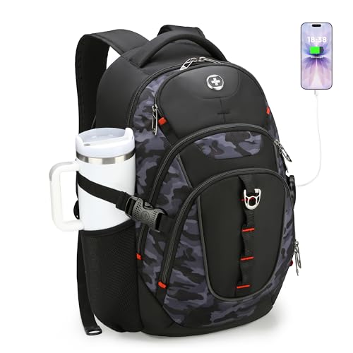 Swissdigital Design Laptop Backpack with USB Charging Port, Travel Backpack Fits 15.6 inches Computer, 31L College School Backpack for Men, Gray Camo | SD803-91 - color: Gray Camo