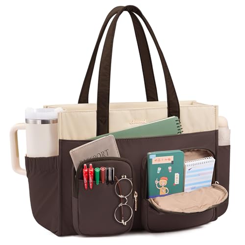 LOVEVOOK Teacher Tote Bag for Women,Multi-pocket Laptop Bag with Large Cup Holder,Nurse Bags Work Travel Computer Handbag - color: Almond Chocolate, size: 17.3 inch