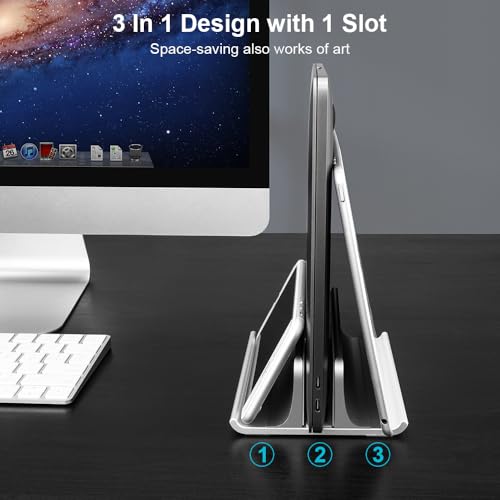 Vaydeer 3-in-1 Aluminum Laptop Stand Vertical Laptop Stand Holder for Desk with Adjustable Dock, Space-Saving Organizer for All MacBook, Surface, Samsung, HP, Dell, up to 17.3 inch - color: Silver