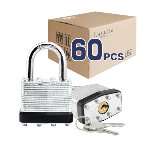 LanuBe Laminated Keyed Alike Padlock 60 Pack 1.6-in Wide Standard Shackle | Brass cylinder with keyed alike design.One key opens all locks. Black ，Standard shackle for gates, sheds,hasps ，toolboxes - size: 60 Pack Black