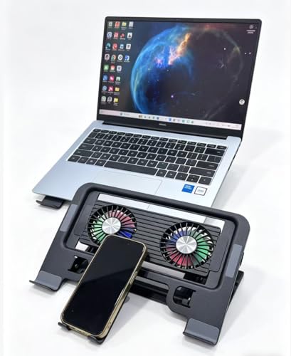 Laptop Cooling Stand (with 2 Silent Cooling Fans), Adjustable Height (with Detachable Phone Holder), Ergonomic Foldable Stand, Aluminum Alloy Cooling Base, Compatible with 10-17 inch laptops