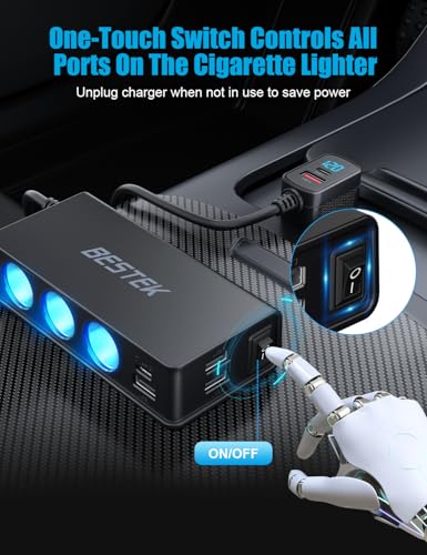 BESTEK 9 in 1 Cigarette Lighter Splitter 148W 3-Socket Car Cigarette Lighter PD30W and 4 USB-A QC3.0 18W with LED Display 12V/24V Cigarette Lighter Adapter for Dash Cam, GPS, iPad/Laptop/Phone - color: Black-1