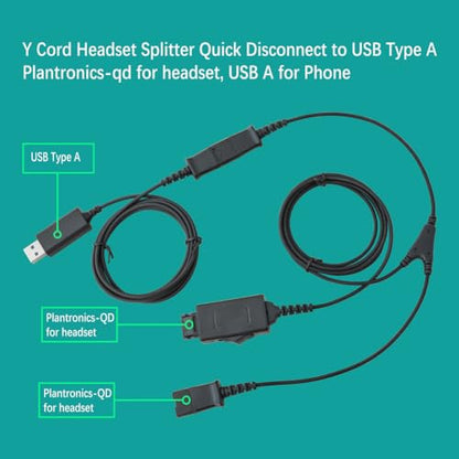 Y-Splitter Adapter Y-Training Cable with Mic Switch Compatible with Plantronics QD, Other End USB Type A Plug 8 FT - size: Toggle switch + usb-a