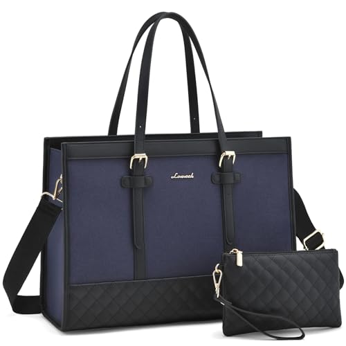 LOVEVOOK Laptop Bag for Women, 15.6 Inch Computer Tote Bags Purse for Work | Canvas, with Long Shoulder Strap&Clutch Purse, Handbag, Casual Stylish Tote Bag for Work Office Travel College Teacher School - color: Blue & Black, size: 15.6 inch