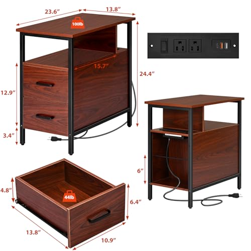 Narrow Side Tables with Charging Station, Narrow End Table with Wooden Drawers, USB Ports and Power Outlets, Nightstand and Bedside Table for Bedroom, End Tables Living Room, Espresso