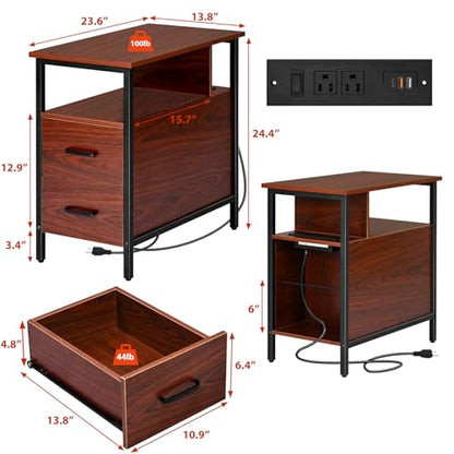 Narrow Side Tables with Charging Station, Narrow End Table with Wooden Drawers, USB Ports and Power Outlets, Nightstand and Bedside Table for Bedroom, End Tables Living Room, Espresso - color: Espresso