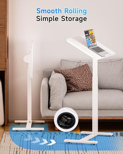 BIZUM Mobile Standing Desk Laptop Desk Pneumatic with Wheels 180° Tilt Top Hospital Bed Table Portable Rolling Cart Foldable Bedside Table for Hospital&Home Use, White - color: White
