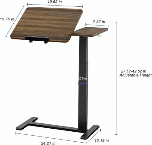 Ywin Medical Overbed Table with Wheels, Lift 27-43in, Black Walnut | Steel frame & wood top, 0-60° tilt, rolling casters, 66lb load, pneumatic adjustable height for Bed/hospital/couch/office - color: Black Walnut-1, size: 27.6" x 15.8"