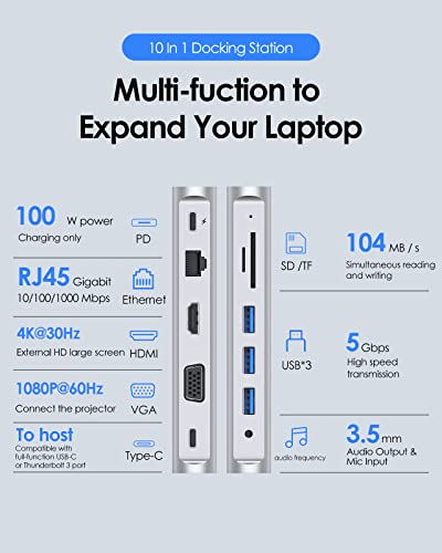 LENTION 10-in-1 USB C Docking Station with Dual Monitor (4K HDMI & 1080P VGA), 100W PD, 1000M Ethernet, 3xUSB 3.0, SD/TF, Vertical Design for 2026-2016 MacBook Pro/Air/Neo, Dell, HP, Surface Laptop - color: Silver