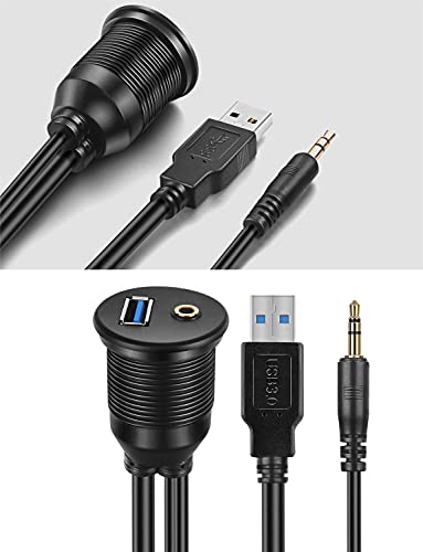 1M 3ft 3.5mm & USB 3.0 AUX Extension Mount Flush Cable | Dash & Panel Mount, For Car, For Boat, For Motorcycle - size: 3 feet