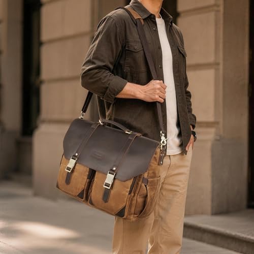 POLARE Waxed Canvas Full Grain Leather Messenger Bag for Men, Vintage 15.6" Laptop Briefcase for Work