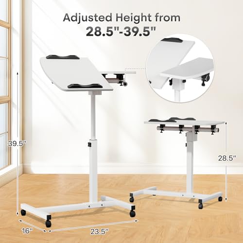 Athena Collection Adjustable Standing Desk with Wheels Overbed Table, White | Height Adjustability(28.5"-39.5"), Smooth-rolling Casters, Rolling Lab Cart with Large Tabletop for Office, Hospital, Clinic - color: White, size: Split Desktop