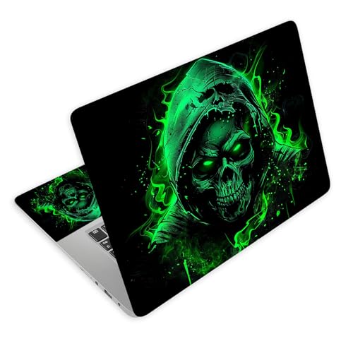 Universal Laptop Skin Decal, 3-Piece Vinyl Protector for 12 13 14 15.6" Notebook, Waterproof Anti-Scratch, Easy Trim & Bubble-Free Finish, Green Fire Skull in Hood - color: Green Fire Skull in Hood