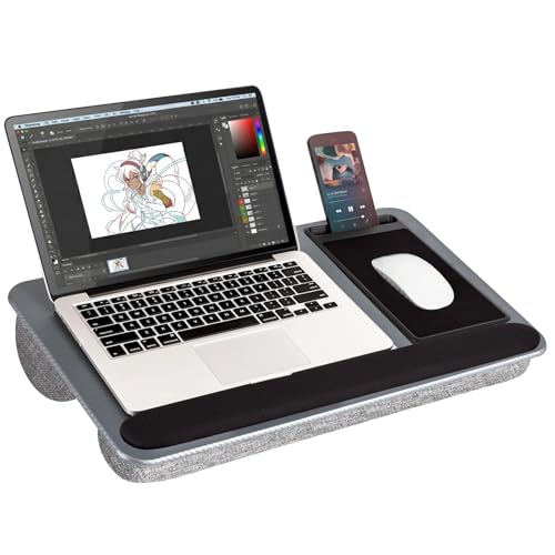 Cyberguys Comfort Lap Desk for Laptop up to 15.6 in – Black Carbon Fiber Overlay Surface with Mouse Pad, Phone & Tablet Slot, Dual Cushion Base, Wrist Rest & Carry Handle for Bed Desk Couch Sofa - color: Black With Carbon Fiber Overlay