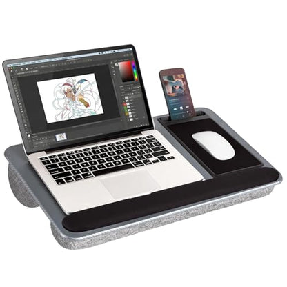 Cyberguys Comfort Lap Desk for Laptop up to 15.6 in – Black Carbon Fiber | Overlay Surface with Mouse Pad, Phone & Tablet Slot, Dual Cushion Base, Wrist Rest & Carry Handle for Bed Desk Couch Sofa - color: Black With Carbon Fiber Overlay