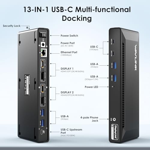 WAVLINK USB C Docking Station Dual 4K@60Hz(2 HDMI+2DP) | 100W PD Charging, Compatible with Thunderbolt 4/3, M1-M5 Mac/Neo, Windows, 10Gbps USB C, LAN, Displaylink Driver Required