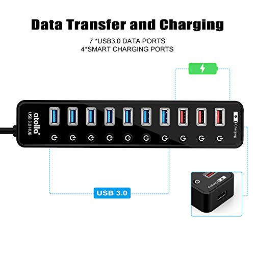Powered USB 3.0 Hub, USB 3.0 Data Hub 11 Ports - 7 USB 3.0 Data Ports + 4 Smart Charging Port with Individual On/Off Switches and 12V/4A Power Adapter USB Hub 3.0 Splitter
