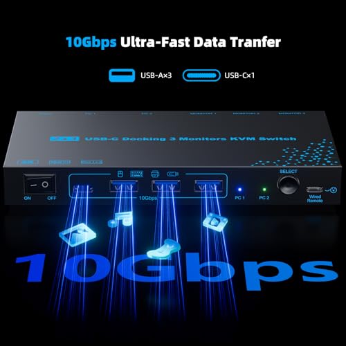 2 Laptops 3 Monitors KVM Switch 2 Port MST Dual USB-C Docking KVM Switches Triple Monitor Support Max 10Gbps USB Transfer Dual 4K@60Hz & One 1080P@60Hz Video Output, 100W PD Charging