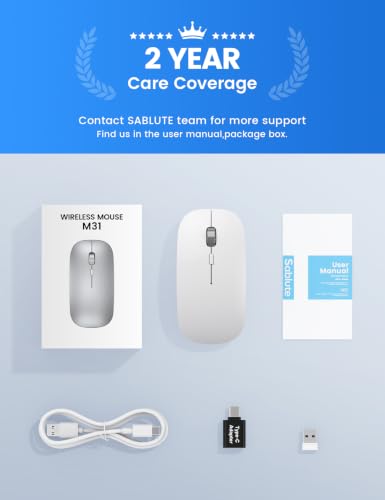 SABLUTE M31 Bluetooth Mouse for MacBook Pro/Air, iPad - Rechargeable Tri-Mode Wireless Mouse for 3 Devices (BT 5.2 + 2.4G), Sleek Slim Silent Mouse for Surface, Windows, White - color: Soft White