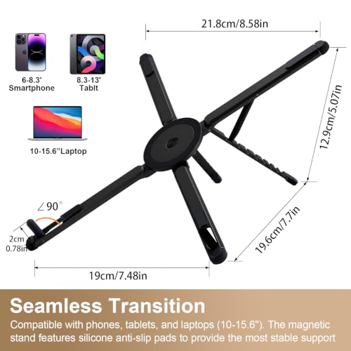 3-in-1 Foldable Magnetic Phone Tripod Stand, Portable Aluminum Alloy Adjustable Holder for Tablet, Laptop MacBook Pro/Air 10–16", Magnet Phone Mount Compatible with MagSafe iPhone Android - color: Black
