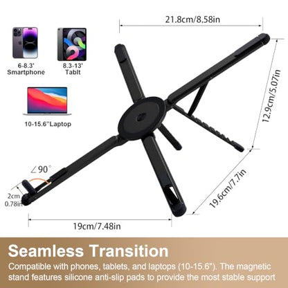 3-in-1 Foldable Magnetic Phone Tripod Stand, Portable Aluminum Alloy Adjustable Holder for Tablet, Laptop MacBook Pro/Air 10–16", Magnet Phone Mount Compatible with MagSafe iPhone Android - color: Black