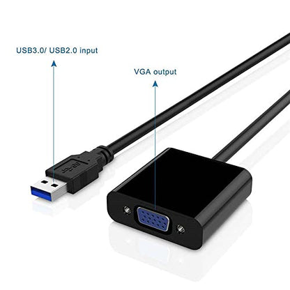 USB 3.0 to VGA Adapter, USB 3.0/2.0 to VGA 1080P Adapter (Male to Female), Multi Monitor External Video Graphic Card Cable Converter for Windows 10/8.1/8/7/XP Built-in-Drivers