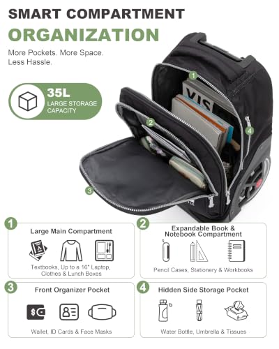 NEW TILAMI 19 Inch Rolling Backpack with Lunch Bag School Stair-Climbing | Stair-Climbing Teen Boys Girls Carry-on Suitcase Large Compartment 15.6 Laptop Sleeve Adjustable Handle Roller Travel Bag - color: Skate Board