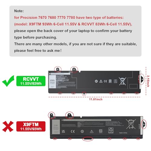 RCVVT Laptop Battery Compatible with Dell Precision 7770 7670 7780 7680 Mobile Workstation Notebook Series X9FTM 05JMD8 5JMD8 0965V4 965V4 X26RT 0X26RT P114F P114F001 P114F002 P115F 11.55V 83Wh - size: RCVVT