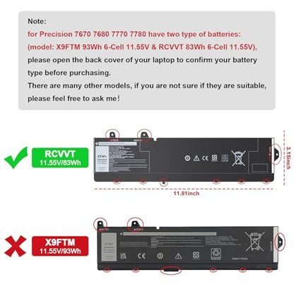 RCVVT Laptop Battery Compatible with Dell Precision 7770 7670 7780 7680 Mobile Workstation Notebook Series X9FTM 05JMD8 5JMD8 0965V4 965V4 X26RT 0X26RT P114F P114F001 P114F002 P115F 11.55V 83Wh - size: RCVVT