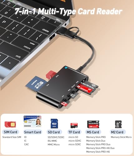 7-in-1 Smart Card Reader with USB-C & USB-A - Military CAC & PIV Card Reader, SIM Card Adapter, SD/TF/Memory Stick Pro Duo/M2/MMC Memory Card Reader for Windows, Mac, Linux – Plug and Play