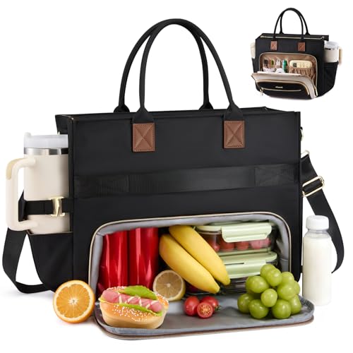 LOVEVOOK Lunch Tote Bag for Women, 3 in 1 Work Bag with Insulated Lunch Compartment, 15.6inch Laptop Bag with Large Cup Holder for Office, College, Casual,Teacher,Nurse - color: Black-white-brown, size: 15.6 inch with Lunch Compartment