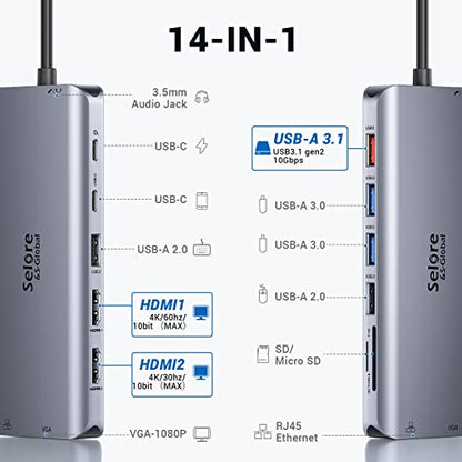 USB C Docking Station Dual Monitor, 14-in-1 Triple Display Dual 4K HDMI & VGA, 10Gbps Data Transfer, 100W PD, Gigabit Ethernet, SD/microSD Card Reader, Audio - USB-C Hub for Dell HP Lenovo MacBook