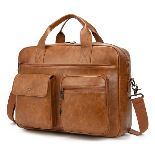 Briefcase for Men 15.6 Inch Laptop Messenger Bag Faux Leather Multi-Pocket Business Work Bag Waterproof Office Travel Tote - color: Brown