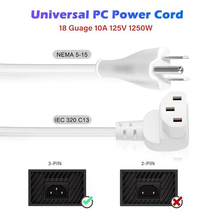 Adoreen 15 Ft Computer TV Replacement Power Cord White, 90 Degree Angled L-Shaped 18AWG 3-Prong AC Universal Power Supply Cable NEMA 5-15P to IEC 320 C13 for Printer, PC, Monitor TV LCD, ETL+Ties - size: 15FT, style: Straight to Angled