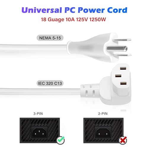 Adoreen 6 Ft Computer TV Replacement Power Cord White, 90 Degree Angled L-Shaped 18AWG 3-Prong AC Universal Power Supply Cable NEMA 5-15P to IEC 320 C13 for Printer, PC, Monitor TV LCD, ETL+Ties - size: 6FT, style: Straight to Angled