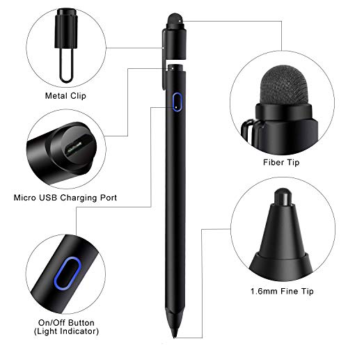 Mixoo Active Stylus Pen for iPad - Rechargeable 1.6mm Fine Tip and Fiber Tip 2-in-1 High Sensitivity Smart Pencil Digital Pen for Drawing and Writing, Compatible with Apple iPad, iPhone Series - Black