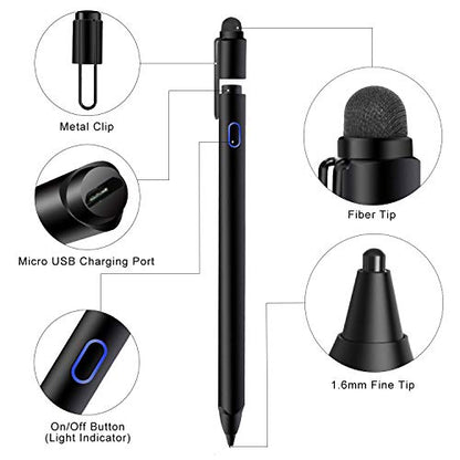 Mixoo Active Stylus Pen for iPad - Rechargeable 1.6mm Fine Tip and Fiber Tip 2-in-1 High Sensitivity Smart Pencil Digital Pen for Drawing and Writing, Compatible with Apple iPad, iPhone Series - Black