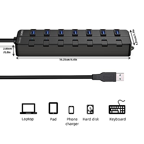 VEMONT 7-Port USB 3.0 Hub (Equipped with a 4-Foot Data Cable, Individual Switch, and Indicator Light, it Supports Data Transfer speeds of up to 5Gbps) Suitable for Desktop Computers and laptops.