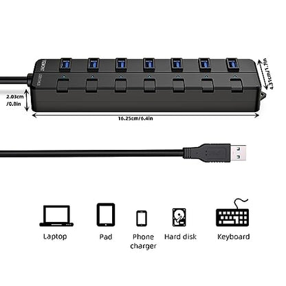 VEMONT 7-Port USB 3.0 Hub (Equipped with a 4-Foot Data Cable, Individual Switch, and Indicator Light, it Supports Data Transfer speeds of up to 5Gbps) Suitable for Desktop Computers and laptops.