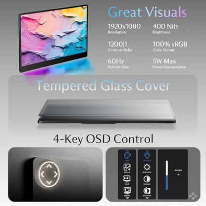 SOTSU FlipAction Go 14" Premium Portable Monitor | IPS | Crafted Aluminum | FHD 1080p | 400 Nits | 100% sRGB | Pivoting Screen | Tempered Glass | USB-C/Mini HDMI | 5W | Robust yet Lightweight - color: Stealth Black
