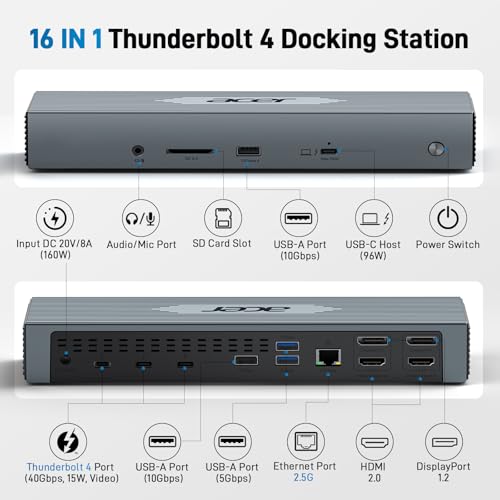 Acer Thunderbolt 4 Dock, 16 in 1 DisplayLink Docking Station 4 Monitor, 3×TB4+2×HDMI+2×DP, Up to 8K & 40Gbps, 160W Power, 2.5G Ethernet, SD4.0, USB C Dock for MacBook Pro/Max, Dell, Acer, HP etc