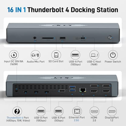 Acer Thunderbolt 4 Dock, 16 in 1 DisplayLink Docking Station 4 Monitor, 3×TB4+2×HDMI+2×DP, Up to 8K & 40Gbps, 160W Power, 2.5G Ethernet, SD4.0, USB C Dock for MacBook Pro/Max, Dell, Acer, HP etc