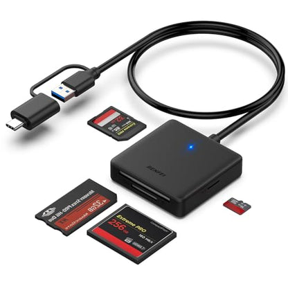 Memory Card Reader, BENFEI 4in1 USB 3.0 and USB-C to SD Micro SD MS CF Card Reader Adapter, 4 Cards Simultaneously Read and Write, Compatible with iPhone 15 Series, MacBook Pro/Air 2023, and More - color: 4in1