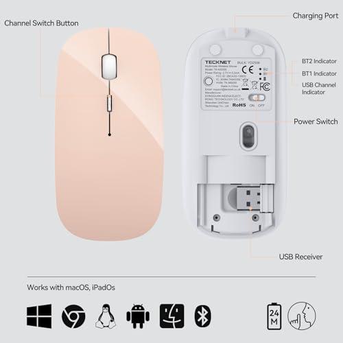 TECKNET Bluetooth Wireless Mouse, Rechargeable Silent Portable Computer Mouse, 6 Adjustable DPI, Dual Mode (Bluetooth 5.2/3.0 and 2.4G USB Receiver) for Laptop, iPad, MacBook, PC, Desktop, Android - color: pink