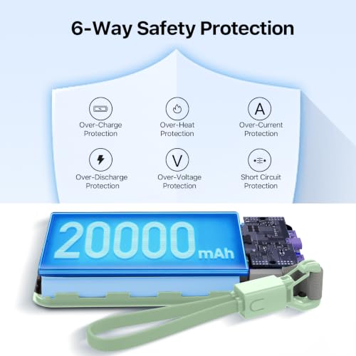 JUOVI Power Bank 45W 20000mAh Portable Charger with Detachable Cable | USB C Fast Charging with 4 Ports, LED Display External Battery Pack for iPad Tablet Switch iPhone Samsung etc - color: Green